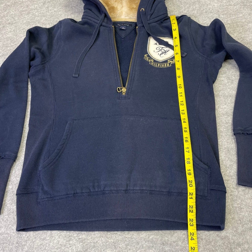 Y2K Tommy Hilfiger Navy Faux Fur Lined Quarter Zip Hoodie Crest Logo Small - Picture 14 of 16